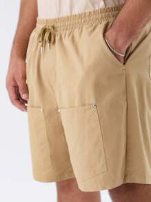 Manfinity VCAY Men's Plus Size Woven Workwear Pockets Studded Mid-Rise Drawstring Shorts Suitable For Summer And Daily Use - Apricot - View 2