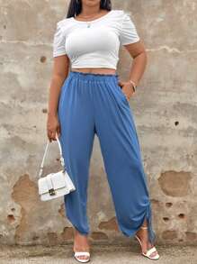Calvaya Plus Size Solid Color Drawstring Casual Pants