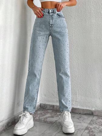Solid Beaded Detail Mom Fit Jeans