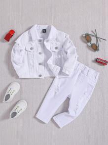 SHEIN Conjunto de 2 piezas para bebé niño: Chaqueta vaquera blanca casual y linda con efecto desgastado y desgarrado de manga larga, y jeans de alta elasticidad, versátil para ropa de otoño y atuendos para exteriores de bebé niño - Blanco - Ver 3
