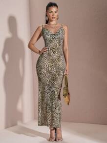 SHEIN BAE Summer Spaghetti Strap V Neck Animal Print Leopard Mesh Sheer Bodycon Dress - Green - View 1