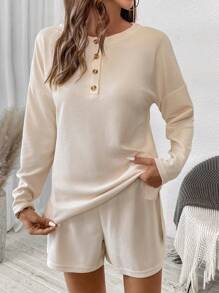 SHEIN LUNE 25+ strukturierter Sweatshirt und Shorts Set, lässiger Sportoutfit für den Herbst - Aprikosenfarben - Übersicht 1