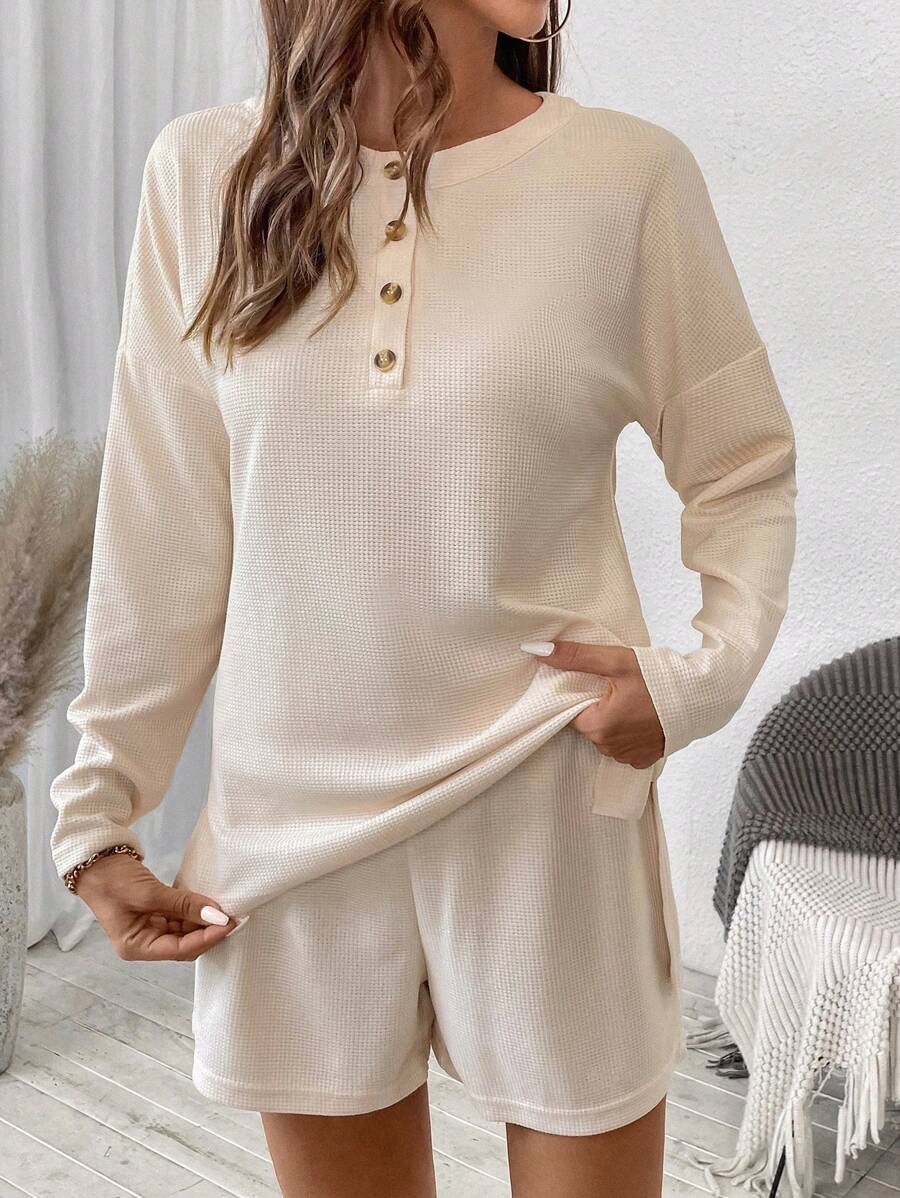 SHEIN LUNE 25+ 纹理运动衫和短裤休闲运动秋季服装套装 - 杏色 - 查看 1