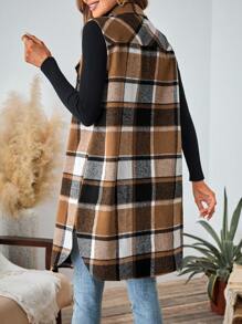 SHEIN LUNE 格子口袋无袖休闲女式背心外套，秋冬季款，休闲款 - 彩色 - 查看 2