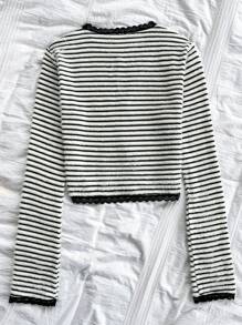 Soleia Spring Autumn Casual Colorblock Stripe Lace Trim Hollow Long Sleeve T-Shirt - Beige - View 2