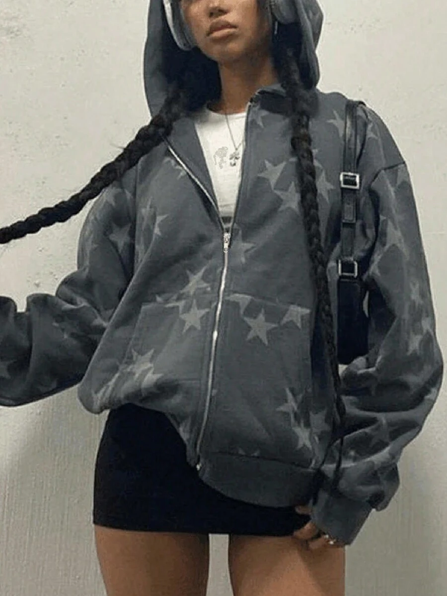 Rovax Plus Size Hooded Zipper Long Sleeve Star Print Loose Fall Sweatshirt, For Winter Graduation,Back To School Outfits,Graduation,Teacher Outfits For Women,Back To School Pullover Autumn