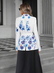 SHEIN Privé French Classic Fashion Random Pastel Print Blazer With Solid Linen Belt Fall Cloth For Women - Multicolor - View 2