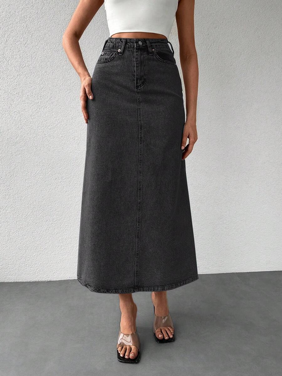 EURMUSE Zipper Fly Denim Skirt - Dark Grey - View 1