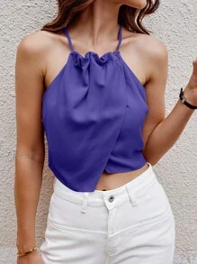SHEIN Clasi 女士交叉褶皱宽松时尚潮流纯色简约吊带背心 - 寶藍色 - 查看 6