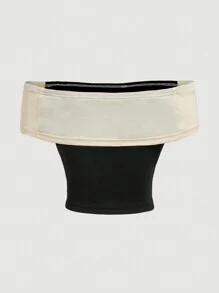 SHEIN MOD 大码夏季女式拼色蝴蝶结装饰露肩上衣 - 黑色 - 查看 2