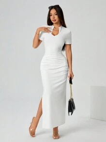 SHEIN PETITE V-Neck Puckered Short Sleeve Bodycon Dress - White - View 5