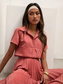 COSMINA Damen elegantes langärmliges Plissee-Kleid Einfarbig, Sommer