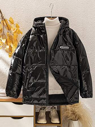 SHEIN Tween Boys uitgebreide maat verdikte casual gewatteerde jas met capuchon, herfst/winter
