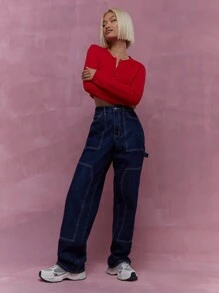 MISSGUIDED 纽扣圆领长袖短款开衫 冬季圣诞节 - 紅色 - 查看 4