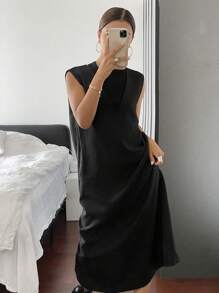 DAZY Đầm dài màu đen không tay cổ chữ V dáng rộng cho nữ, quần áo mùa thu - màu đen - Xem 3