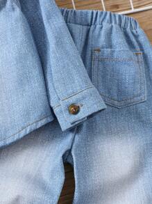 SHEIN 2 Cái/bộ Áo khoác hiệu ứng denim thông thường cho bé gái và bé trai màu xanh ombre và trang phục quần thể thao vừa vặn, thích hợp cho trường học, gia đình và ngoài trời - Màu xanh lam - Xem 6