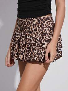 SHEIN EZwear Váy mini xếp nếp lưng cao họa tiết da báo - Nhiều màu - Xem 5