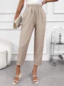 EMERY ROSE Women's Solid Color Linen Elastic Waist Pocket Pants - Apricot - View 5