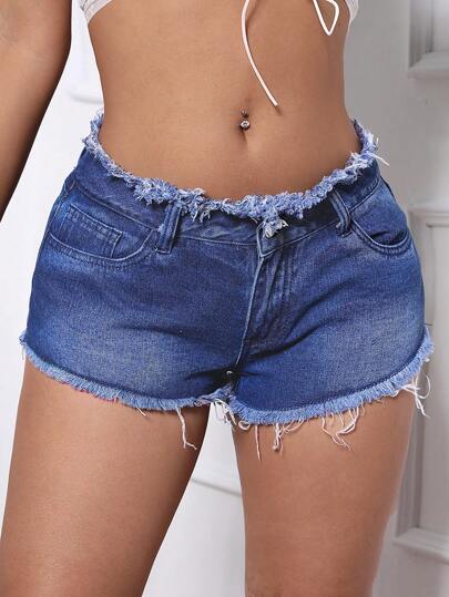 SHEIN SXY 纯色磨边口袋牛仔短裤，夏季