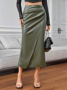 SHEIN Privé Women's Elegant Olive Green PU Fishtail Long Skirt,Autumn Pleated Tight Skirt For Office,Business Casual Fashion Commuting Versatile Fall Clothing - Green - View 3