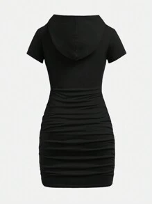 SHEIN Girlism Teen Girls Letter Print Ruched Hooded Casual Short Sleeve Mini Dress - Black - View 2