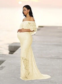 Maternity Off Shoulder Ruffle Collar Dress Lace Mermaid Gown For Photo Shoot Baby Shower, For Photoshoot - Apricot - View 1