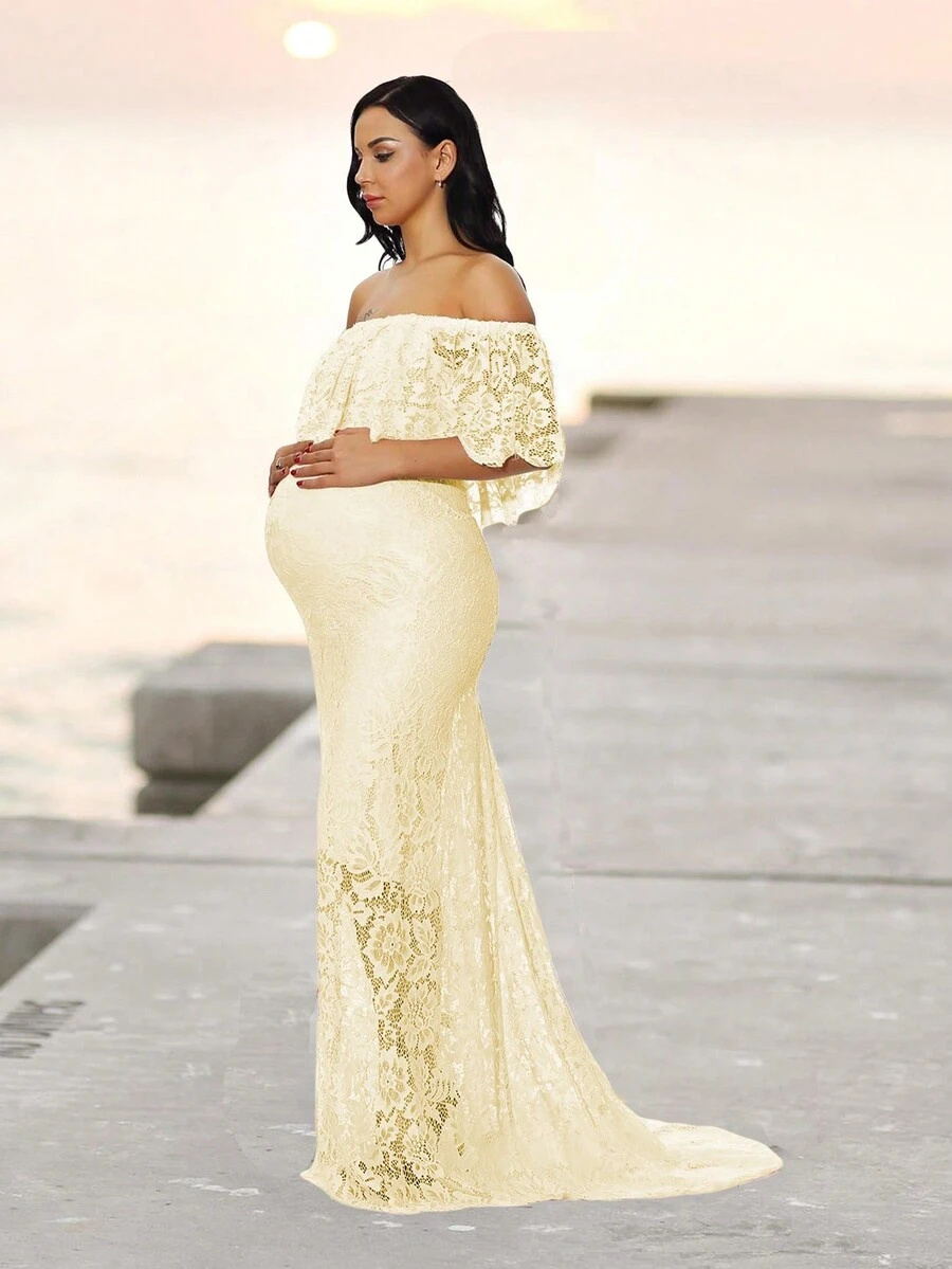 Maternity Off Shoulder Ruffle Collar Dress Lace Mermaid Gown For Photo Shoot Baby Shower, For Photoshoot - Apricot - View 1