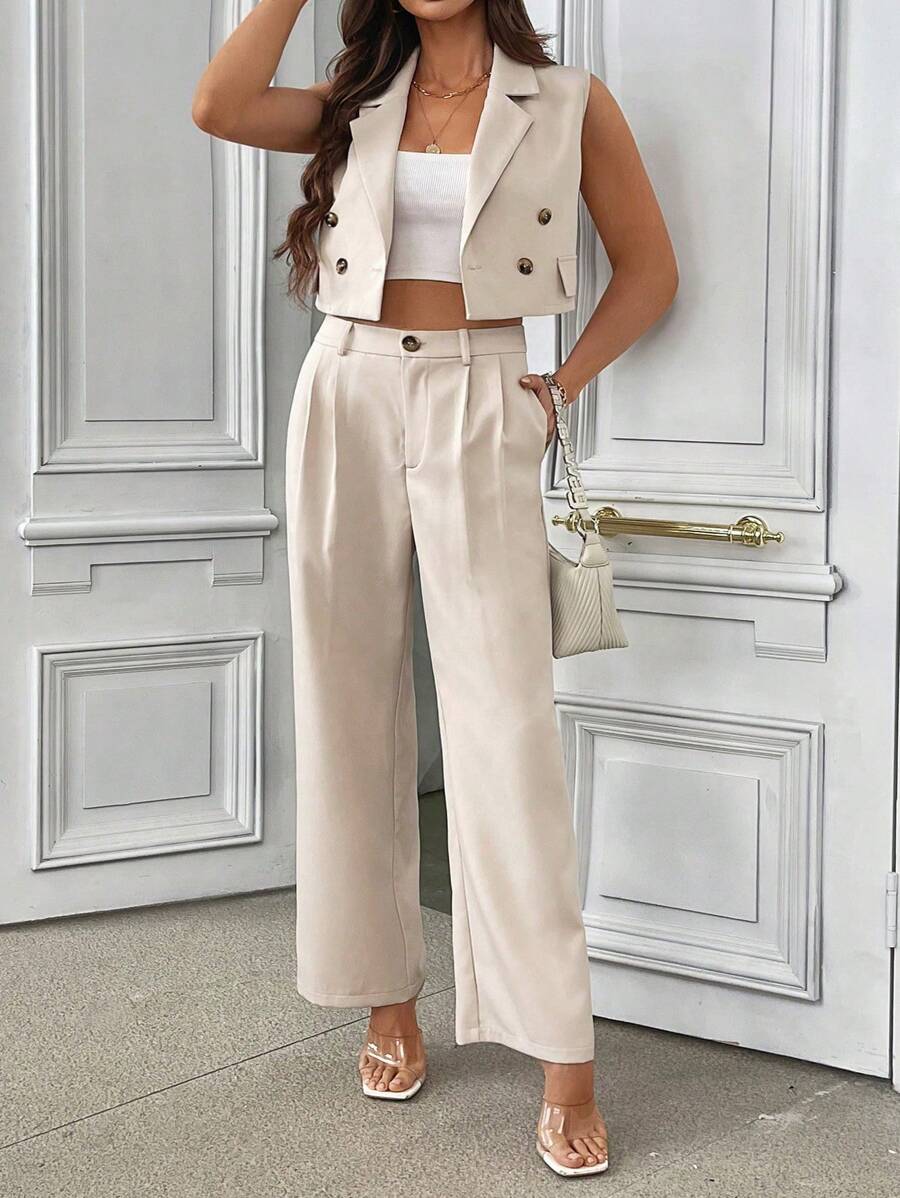 SHEIN Unity Plus Double Breasted Crop Vest Blazer & Suit Pants - Apricot - View 1