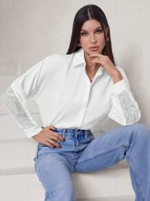 SHEIN Privé Loose Fit Shiny Sequin Embellished Women Long Sleeve Shirt Fall Cloth For Women - White - View 2