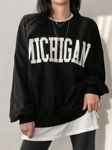 DAZY 女式超大圆领大字母印花卫衣，秋季，黑色卫衣，秋季女装 - 黑色 - 查看 4