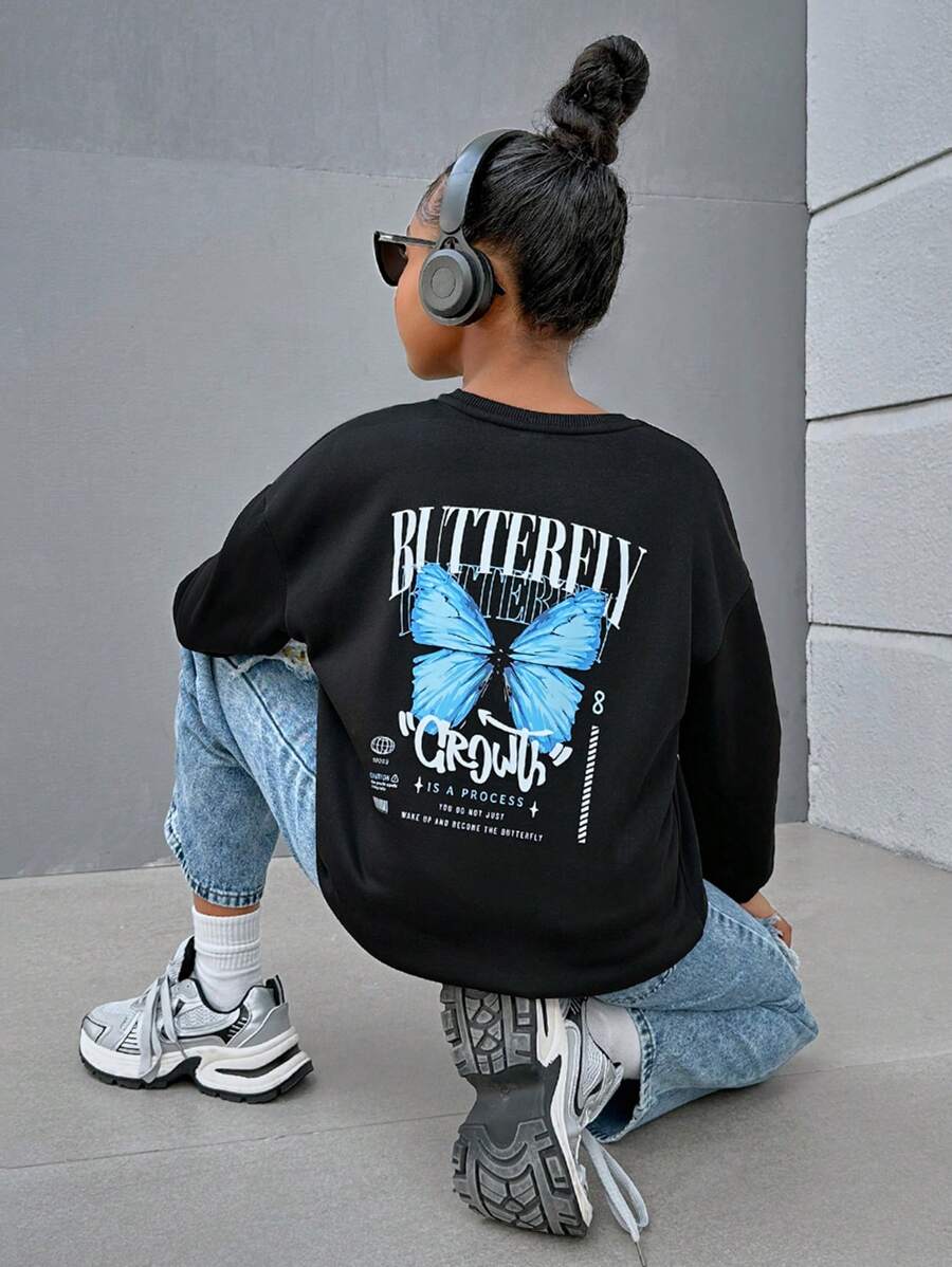 SHEIN 女大童標語和蝴蝶印花落肩袖套頭衫 - 黑色 - 查看 1