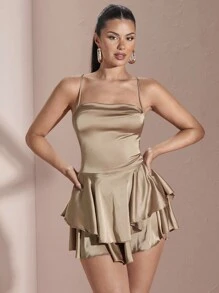 SHEIN BAE Cowl Neck Lace Up Backless Layered Satin Skort Romper - Champagne - View 3