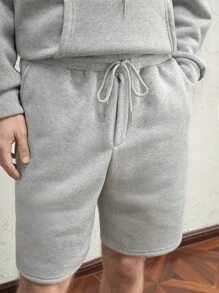 AKNOTIC Business Casual 2pcs Men's Loose Fit Drop Shoulder Hoodie And Shorts Set With Leather Patch, Gray, For Fall Winter - Grey - View 5
