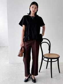 FRIFUL 女士夏季休闲纯色褶皱短袖衬衫，荷叶边 - 黑色 - 查看 2