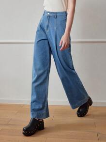 MOTF STUDIO SOLID FOLD PLEATED WIDE LEG JEANS