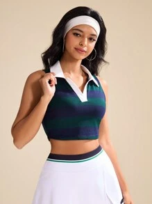 Easithlete 女士夏季撞色条纹短款网球高尔夫运动背心 - 綠色 - 查看 2