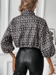 Chiquease Chaqueta deportiva casual con cremallera, manga farol y estampado geométrico de para mujer, manga larga