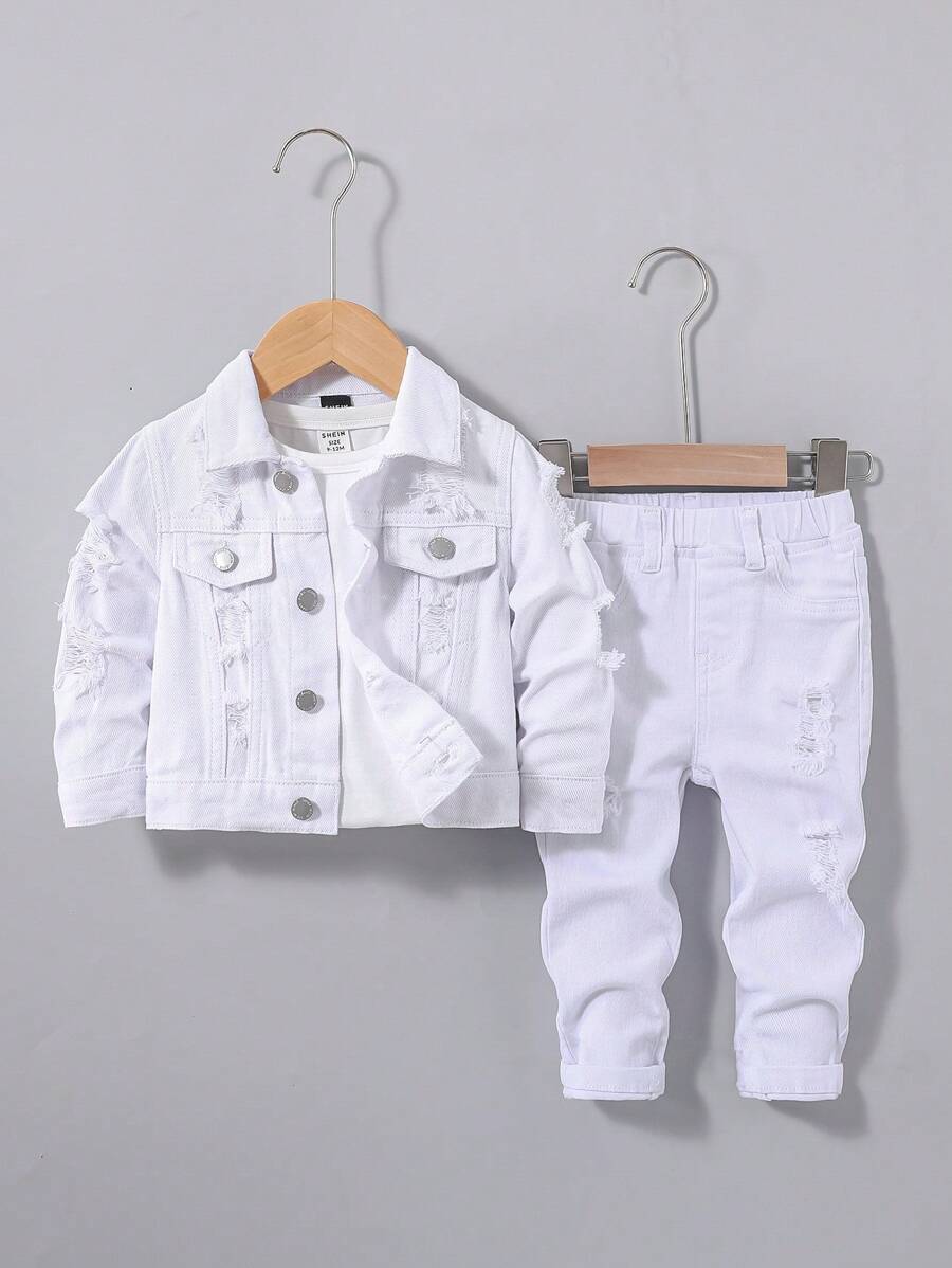SHEIN Conjunto de 2 piezas para bebé niño: Chaqueta vaquera blanca casual y linda con efecto desgastado y desgarrado de manga larga, y jeans de alta elasticidad, versátil para ropa de otoño y atuendos para exteriores de bebé niño - Blanco - Ver 1