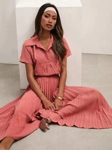 COSMINA Damen elegantes langärmliges Plissee-Kleid Einfarbig, Sommer