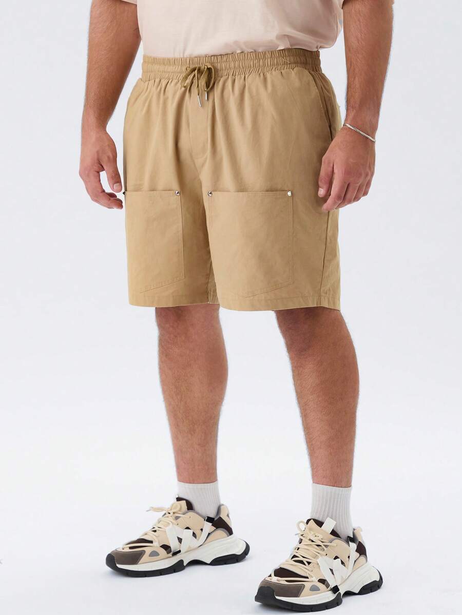 Manfinity VCAY Men's Plus Size Woven Workwear Pockets Studded Mid-Rise Drawstring Shorts Suitable For Summer And Daily Use - Apricot - View 1