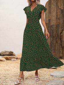 SHEIN LUNE Women's V-Neck Allover Print Cap Sleeve Dress For Holiday - Green - View 3