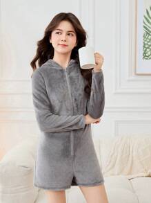 SHEIN 少女连帽全拉链双面法兰绒连体裤配短裤，秋冬 - 淺灰色 - 查看 3