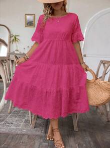 SHEIN Holidaya Vestido casual de talla grande de unicolor con bordado calado - Rosa Fucsia - Ver 5