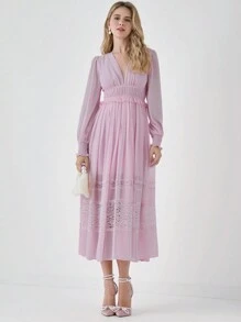 Enchnt Abito lungo elegante da donna in colore unito con scollo a V, maniche lunghe e pizzi su parti del vestito, adatto per primavera ed estate - Rosa corallo - Visualizzare 6