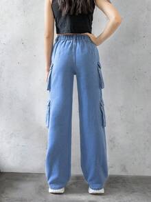 SHEIN Explorewe Tween Girls Jeans New Style Casual Fashion Ripped Cargo Style Washed Denim Straight Pants - Medium Wash - View 2