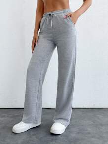 EURMUSE Solid Color Straight Leg Sweatpants - Light Grey - View 4