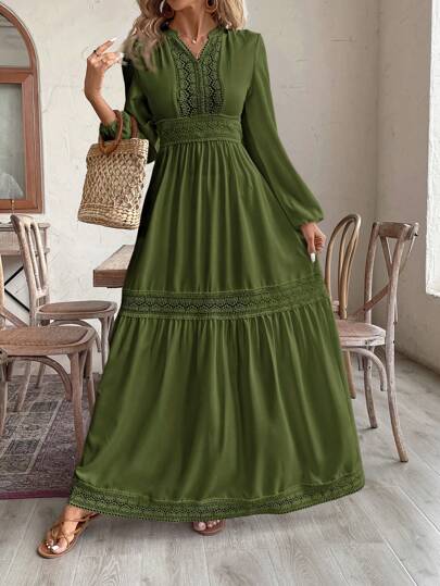 SHEIN VCAY Plus Size Women Solid Color Splicing Lace Notched Neck Lantern Sleeve Elegant Dress