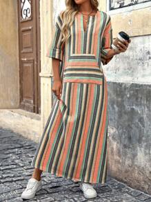 SHEIN LUNE 撞色条纹长袖连衣裙，休闲度假风 - 彩色 - 查看 1
