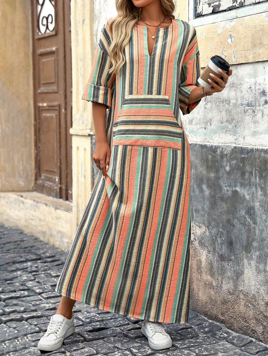 SHEIN LUNE 撞色条纹长袖连衣裙，休闲度假风 - 彩色 - 查看 1
