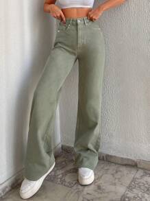 RueChic Zipper Fly Straight Leg Jeans - Lime Green - View 4